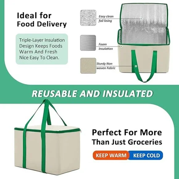 3Pack Reusable Grocery Bags w/ Reinforced Bottom & Handles(1-Tote + 2-Insulated) - Picture 9 of 13